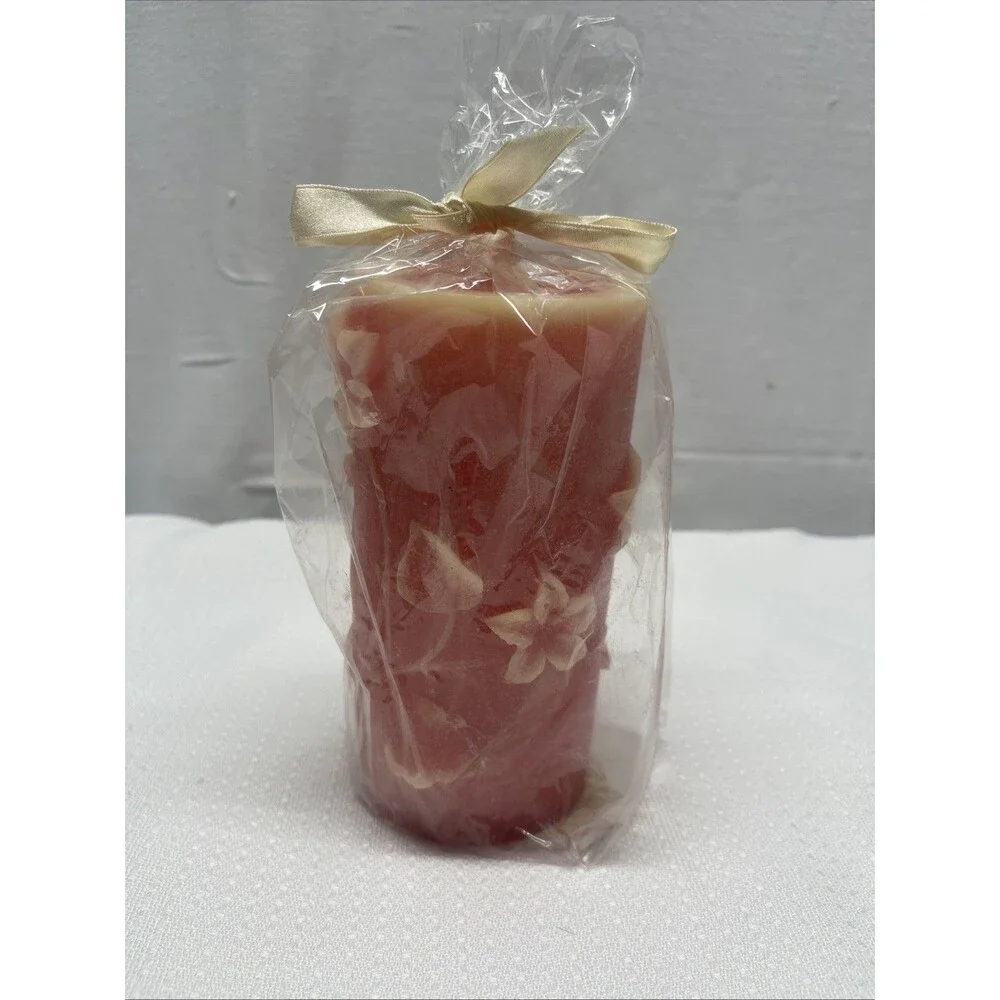 Vintage 6.5 x 3.5 Pink Yellow Raised Flowers Wax Pillar Candle Gift Unscented